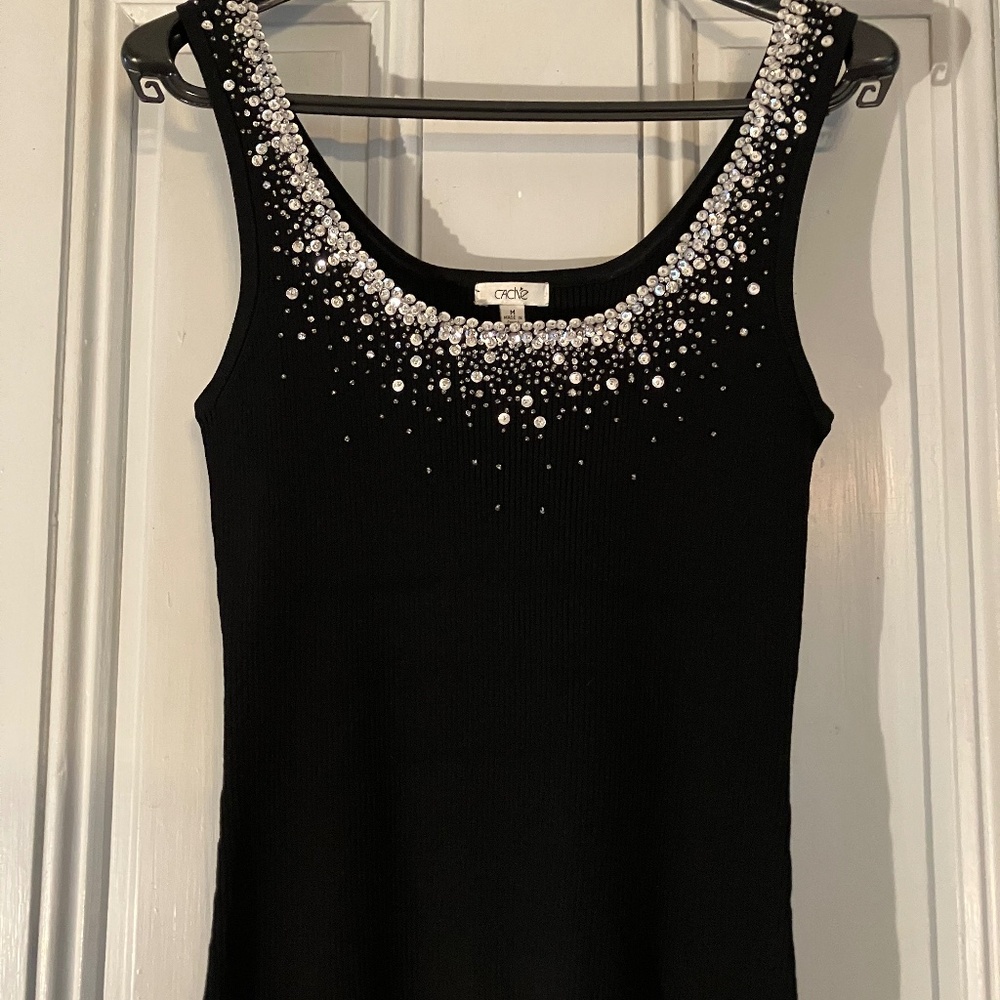 Cache Elegant Black Tank Top with silver sequins Size M
